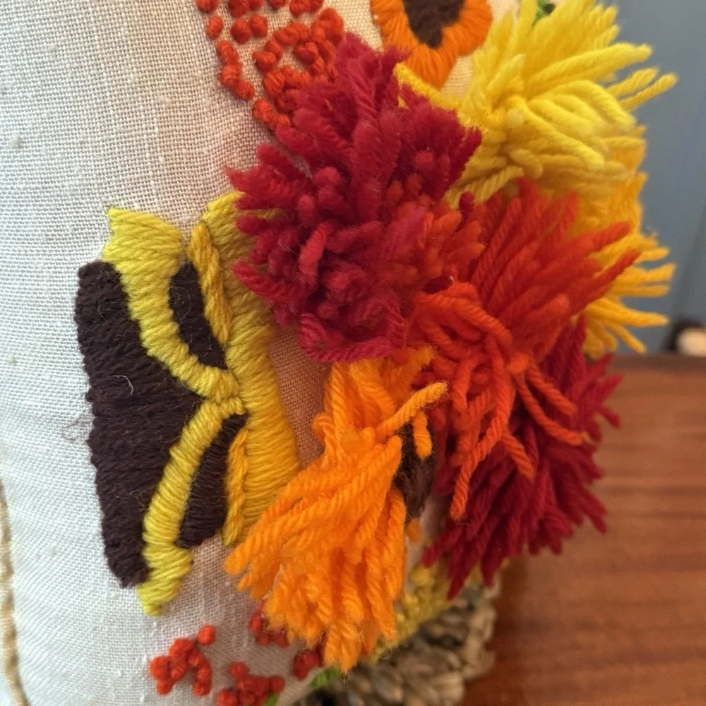 Vintage Handmade Crewel Yarn Embroidery Pillow – 12.5